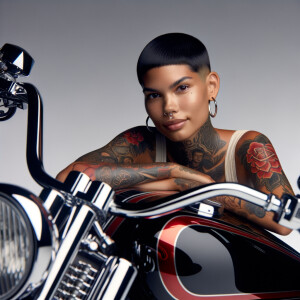 A beautiful Puerto Rican, with short hair and tattoos, she is sitting on a black and red, shiny cromed out Harley Davidson looking at the camera. This image is taken with a canon high resolution for the camera.