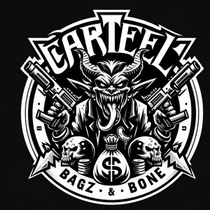 Create a bold logo featuring a menacing creature with sharp feat...