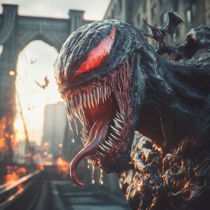 8k resolution up close image of venom with  red teeth biting a f...