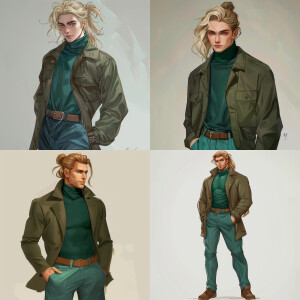 Create a metrosexual man, with blonde hair into a ponytail and g...