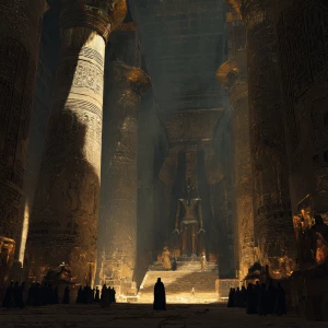 A massive ancient Egyptian temple interior with towering statues...