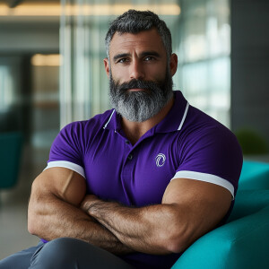 The image shows man white a bearded black, gray haired muscular...