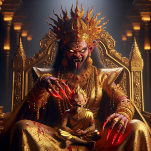 portrait of angry looking indian goddess sitting on a gold crown and carrying a weak mahishasur on her lap and poking him with her amazingly long red fingernails. She is wearing gold armor, a huge gold crown, gold saree, abundant  gold jewelry, covered in blood. The scene is set in ancient India. The image is 8K resolution, cinematic, photography, ultra detailed face and epic.