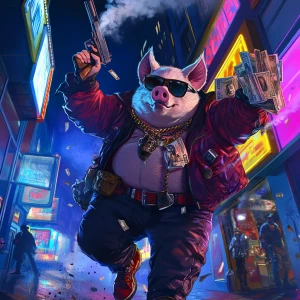 Moon pig holding a smoking pistol in one hand and a duffel bag f...