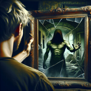 A very old and broken photo with a broken old mirror inside a to...