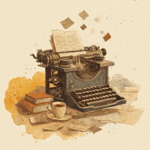 whimsical vintage illustration of a dusty old typewriter surroun...