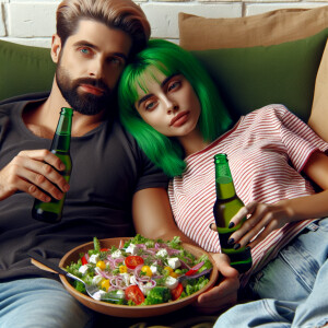 A photo of a loving couple, a girl with green hair and an ordina...