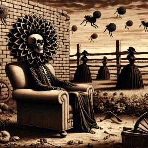 A skeleton with a large black dahlia for a head is sitting on an...