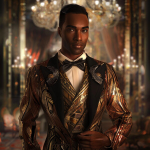 In a meticulously rendered 3D scene, a brown skin biracial man s...