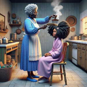 Create a realistic 3-D image of an african-American grandmother wearing a blue house dress and a white apron . She is in the kitchen with her african-American granddaughter. Her granddaughter is wearing a pink bath robe. The grandmother has a hot comb in her hand and she is straightening her granddaughters hair. One side of her granddaughters hair is in  a Afro the other straight 
There is smoke coming from the hot comb
The granddaughter is making a face