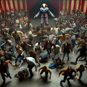 There is a scary clown in the middle of the circus arena. People...