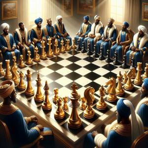 Create a 3D realistic oil painting of a classic chessboard in a...