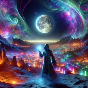 Create a digital painting depicting a shadowed figure gesturing...