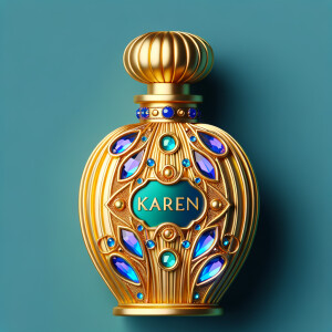 Create a 3-D realistic gold and blue, colorful jewels perfume b...