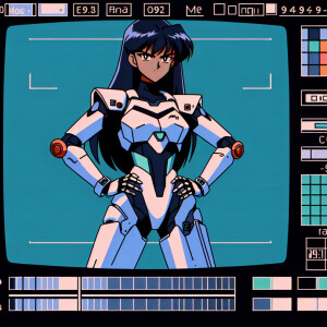 1990s anime screencap, girl a plugsuit, standing with hands on h...