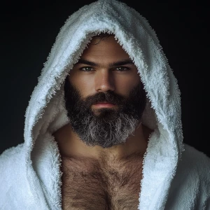 Silver man beard hairy chest white bathrobe