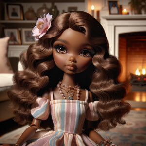 Create an image of a stylized, Latino brown skin doll-like girl seated in a cozy living room with a warm fireplace. She has voluminous, wavy hair cascading over her shoulders, tinted with shades of chestnut and mocha. Her large, expressive eyes are a deep brown, fringed with long, fluttery lashes. A delicate pink flower tucks behind one ear, complementing her youthful glow. She wears a pastel-striped summer dress with soft, flowing fabric that drapes elegantly over her small frame. Around her neck is a dainty necklace adorned with beads and a gentle sprinkle of gemstones reflecting subtle light. In her hand, she holds a pearly seashell as a charming accessory. Behind her, the living room is inviting, with plush furnishings, a mantelpiece adorned with family photos and trinkets, and a crackling fireplace that casts a comforting glow and dancing shadows around the room, enhancing the ambiance of a serene home setting