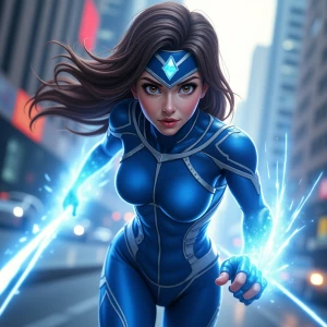 A female Godspeed character, with a streamlined blue and silver...