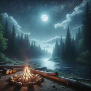 Create a high definition realistic 3D image of a live camping fire near the forest river under a dark starry sky and a pale moonlight, with nimbus clouds.