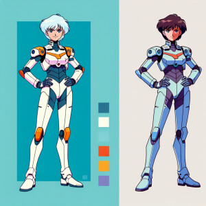 1990s anime screencap, girl a plugsuit, standing with hands on h...