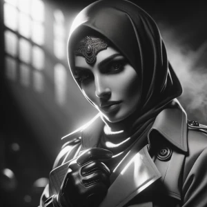 Generate a detailed black-and-white portrait of a superheroine s...