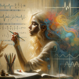 Abstract, minimalist, painting, with pencil line, paint stroke, gestures, colorful marks, mathematical equations, electrical cardiogram, printouts complex math formulas, dna asian teen girl