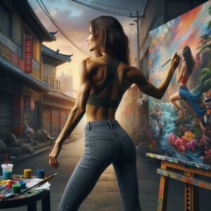 Athletic Thin skinny Attractive, Asian teenage girl, long brown hair and bangs, wearing tight skinny jeans and a halter top paint marks on her clothing, heroic pose Asian graffiti background, backside view