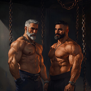 Two bodybuilders, both gay men, one with gray hair and the other...