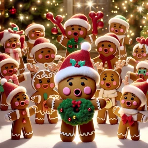 A chorus of animated gingerbread men and women singing Christmas...