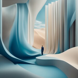 An abstract illustration of neutral hues with bold blues grays a...