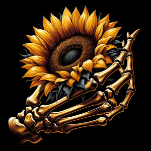 Skeleton hand holding a yellow sunflower