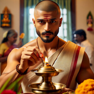 Tamil actor with buzz cut, clean shave, doing pooja