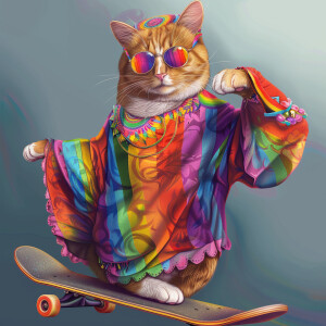 A cat skateboarding in a vibrant hippie costume adorned with rai...