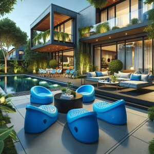 A luxurious modern house with a stylish backyard featuring a cir...