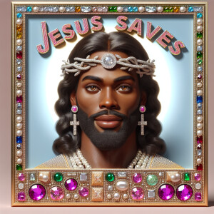 "Create a 3D realistic artwork featuring the phrase 'Jesus Saves...