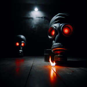 Scary gas mask far away with red eyes in a black room. There’s a...