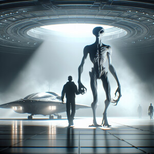 An extraterrestrial strolling while holding a human and heading...