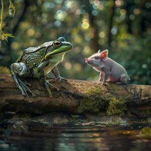 A frog sat on a log watching a hog, HDR, masterpiece, ultra-det...