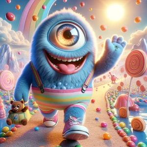 A cheerful, round-bellied cyclops with one big sparkling eye and...