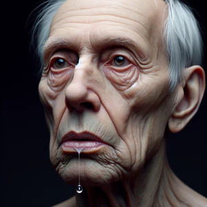 Create a hyper-realistic portrait of a old man exhibiting a vaca...