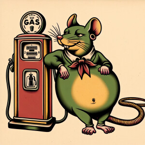 A fat green rat fink in a 1950s gas attendant uniform leaning ag...