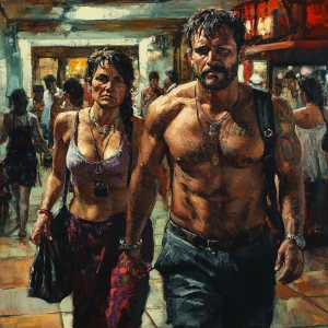 Fantasy painting.A sweaty beefy man walking with his 54 year old...