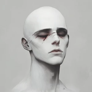 a pale, bald humanoid male with deep eye bags, hollow expression...