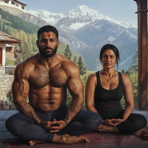 Photorealism,realism,A man muscular beefy sweaty doinga yoga sit...