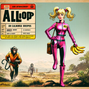 Comic book style blonde in pink unitard, pig tails. Has bananas...