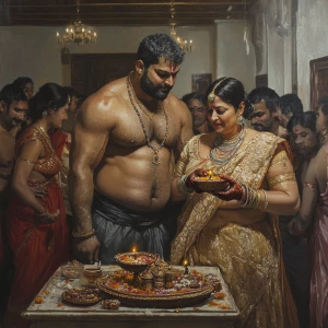 Realism painting,A muscular, sweaty man joyously celebrates Diwa...