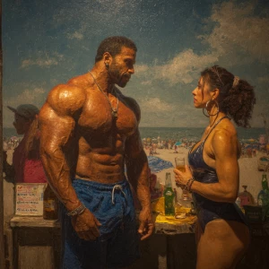 Photo Hyperrealism, painting,a muscular sweaty beefy criminal so...