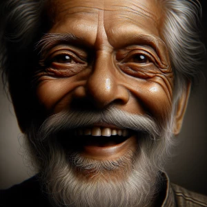 Create a realistic portrait of an elderly man with a joyful expr...