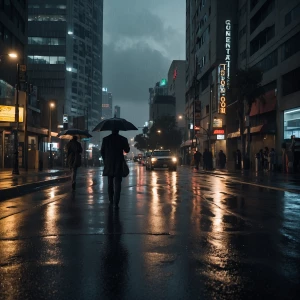 A depiction of Los Angeles in the evening following a rainy day,...