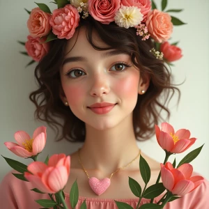 A photo of young woman with flowers and hearts